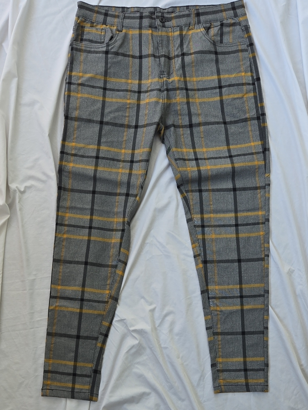 Men's/Unisex Grey Pants BURBERRY STYLE CHEQUERED PATTERN in Yellow & Black Lines